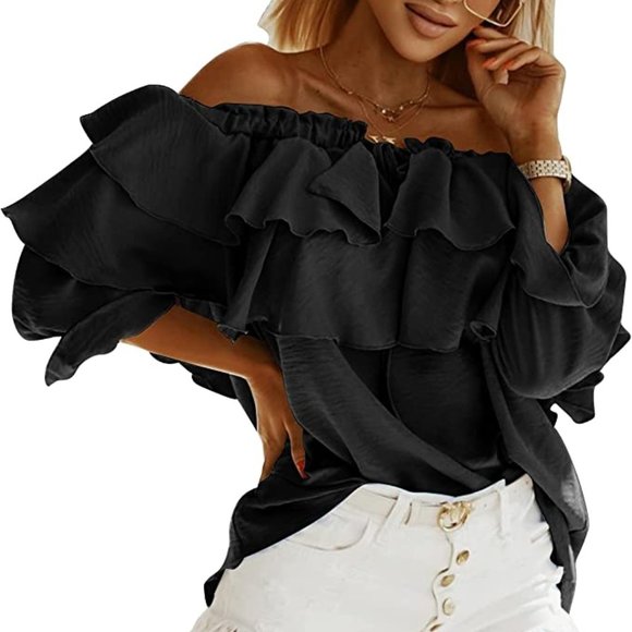 Women's Off Shoulder Ruffle Long Sleeve Blouses Casual Layered Tops